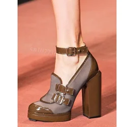 Strappy Decor Mixed Color Pumps Chunky High Heels Shoes for Women Matte Leather Fashionable Shoes 2025 Zapatos Para Mujere