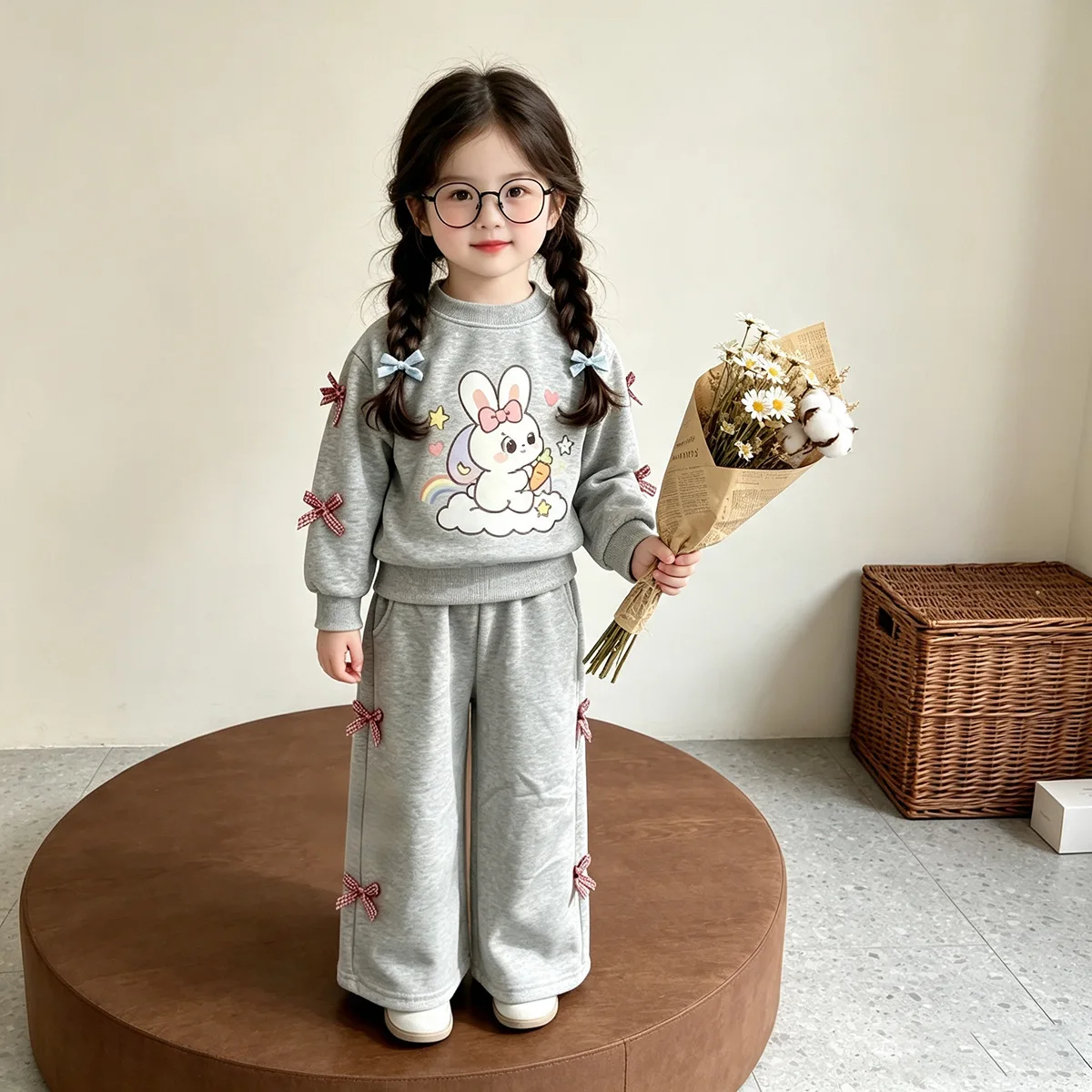 Mädchen Cartoon-Häschen-Sweatshirt & Weitbein-Hosen-Set – 2-teiliges Outfit im koreanischen Stil für ältere Kinder, Frühling Herbst Casual – Detail 6