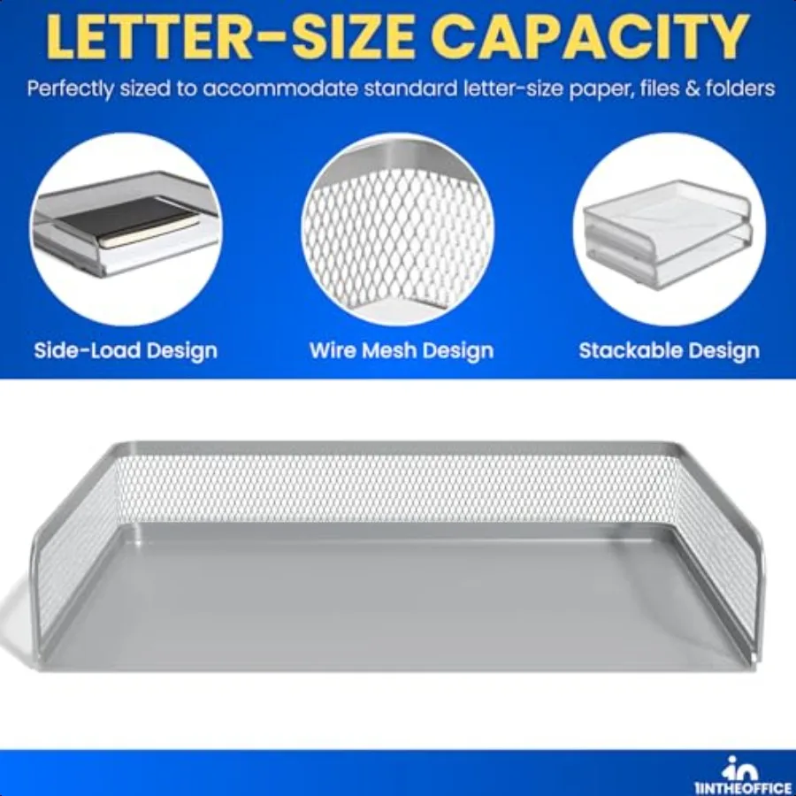 1InTheOffice مكتب صواني تكويم إلكتروني صينية ماتي الفضة سلك شبكة تحميل جانبي ورقة صينية المنظم 2 حزمة