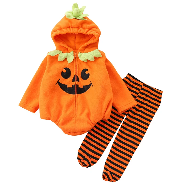 

Baby Girls Jumpsuits Set Pumpkin Print Zipper Long Sleeves Hoodie Romper and Striped Pants 2 Piece Outfit