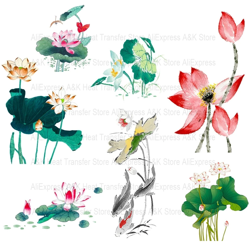 Lotus Patches Iron On Clothes Heat trasfer Flowers Thermo Sticker A-Level Washable Decals Deco Diy Accessories Parches Ropa