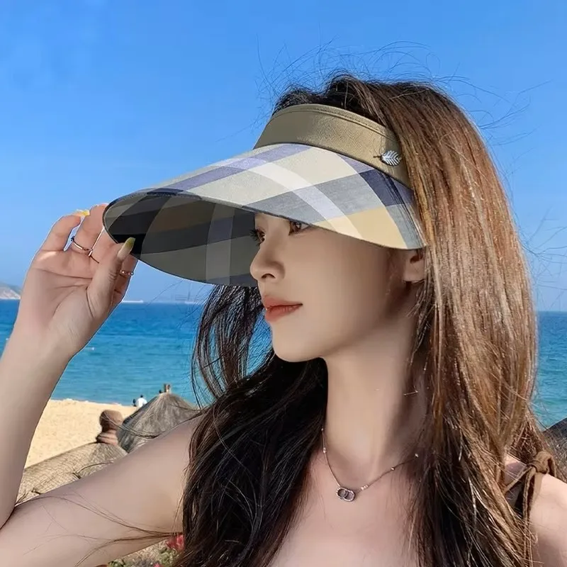Women Plaid Hollow Top Sun Visor Hat, Wide Anti-UV Brim Lightweight Adjustable Strap Breathable Beach Outdoor Cap