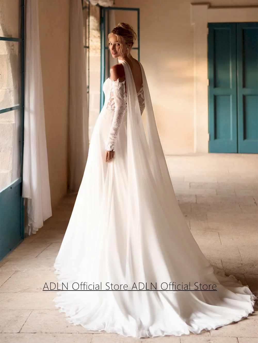 Customized Wedding Dress Charming Sweetheart Long Sleeves See Through Lace Applique Chiffon A Line Bridal Gown with Shawl