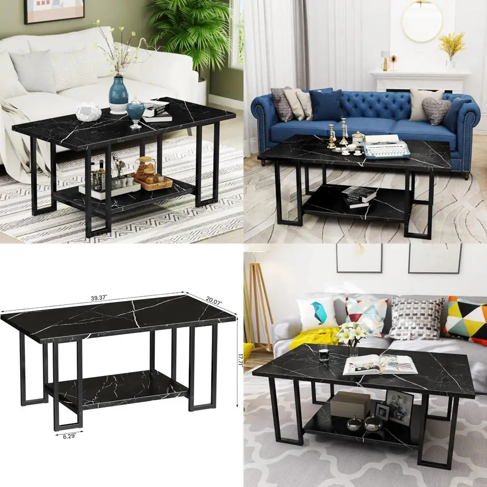 Rectangular Faux Marble Coffee Table with Black Metal Frame, 2 Tier Living Room Furniture for Modern Home Decor