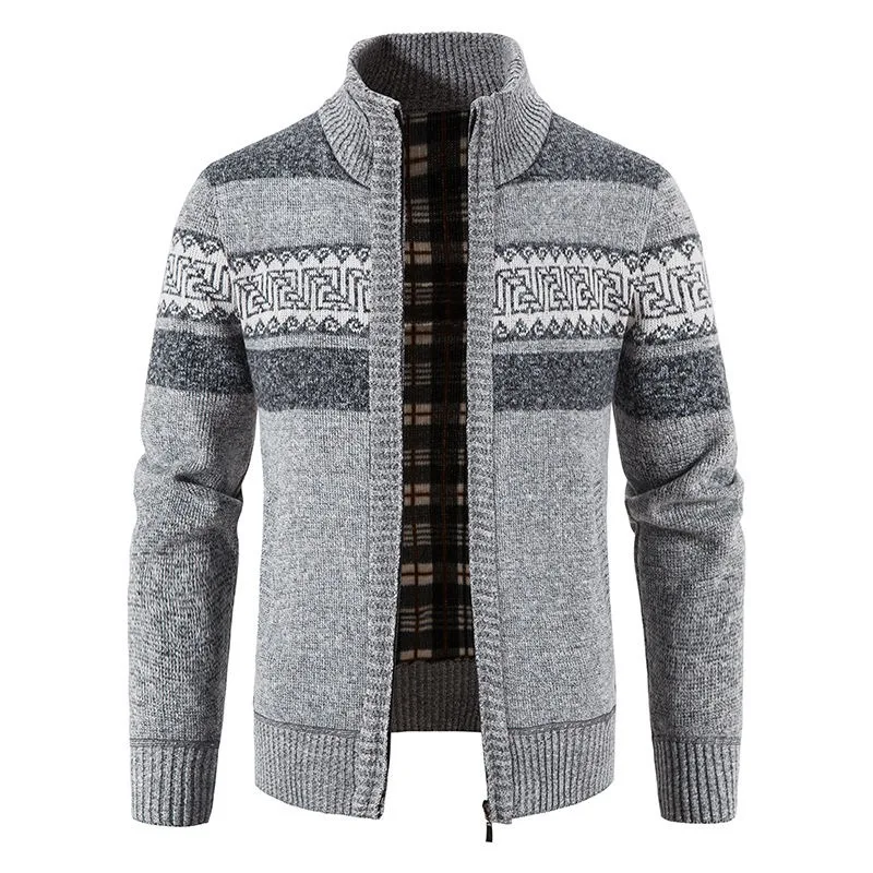 

Knitted Sweater Autumn Winter Thickened Velvet Warm Sweater Coat Trendy Stand Collar Jacket Striped Patchwork Sweater for Men