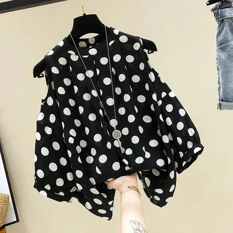 Black Polka Dot Vintage O-Neck Loose Off Shoulder Pullover Chiffon Women\'s Blouse Shirt Korean Fashion Female Clothing Tops 2024