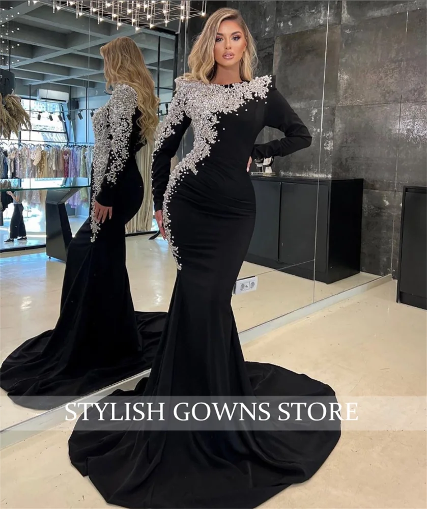 Dubai Evening Black Elegant Dress Beaded Rhinestone Prom Dress 2024 Luxury Gown Birthday Long Sleeve Mermaid Customized