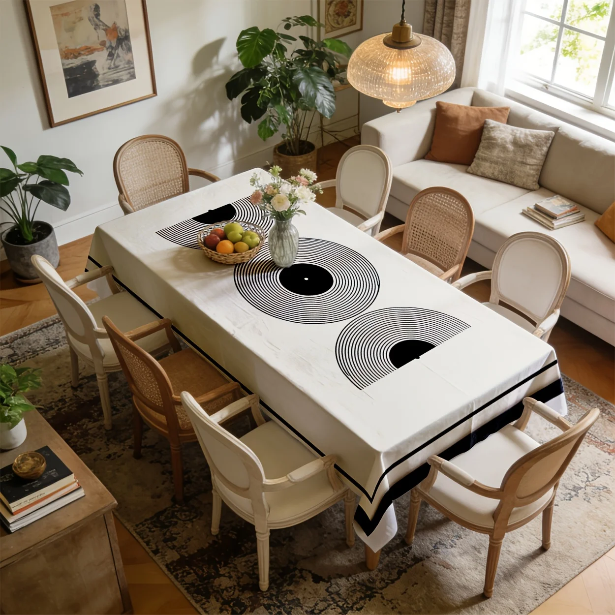 Tablecloth 2D Flat Printing 1PC Minimalist Black and White Record Pattern Decorative Painting Polyester Fabricxzj
