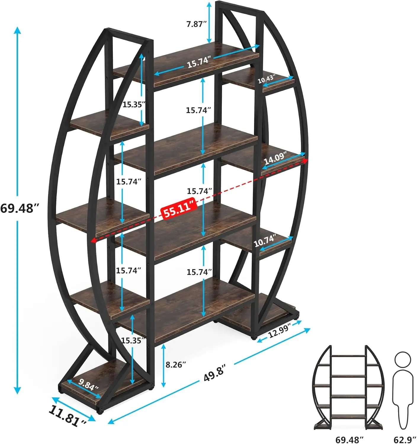 5 Tier Plant Stand Indoor, Half-Moon Shaped Large Plant Shelf, Industrial Curved Oval Flower Pot Rack for Living Room, Balcony