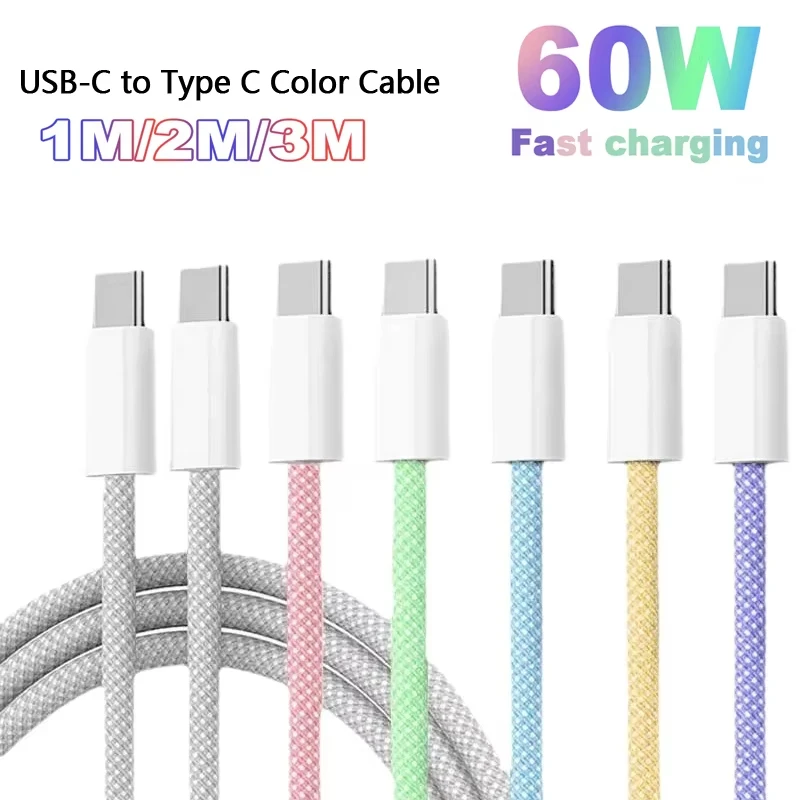 

USB-C to Type C Color Cable PD 60W Fast Charging For iPhone 15 16 17 Pro max For Samsung Huawei Xiaomi Type C Weaving Cable