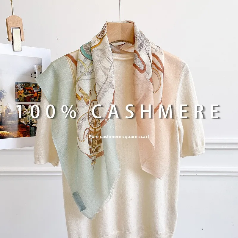65x65CM 100% CASHMERE Square Scarf Vintage Carriage Print Soft Light Neck Scarf Women Elegant Wrap Shawl Gift