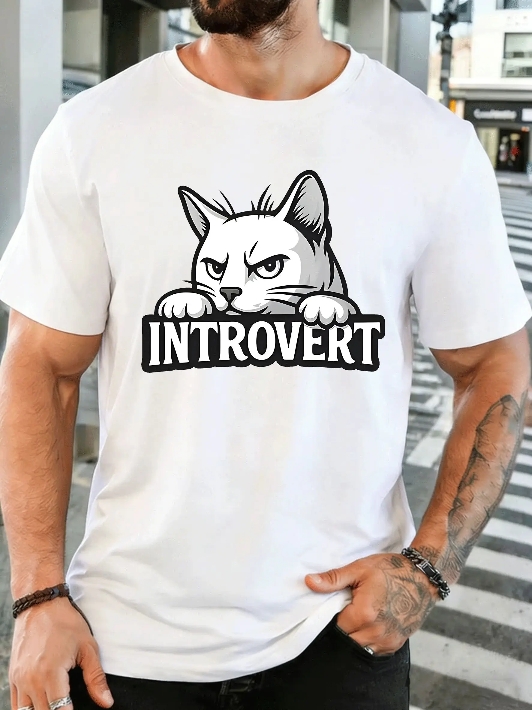Men Short Sleeve T Shirt Introvert Angry Cat Graphic Tee Funny Quote Print Tops Summer Cotton Casual Street Wear For Adult Male