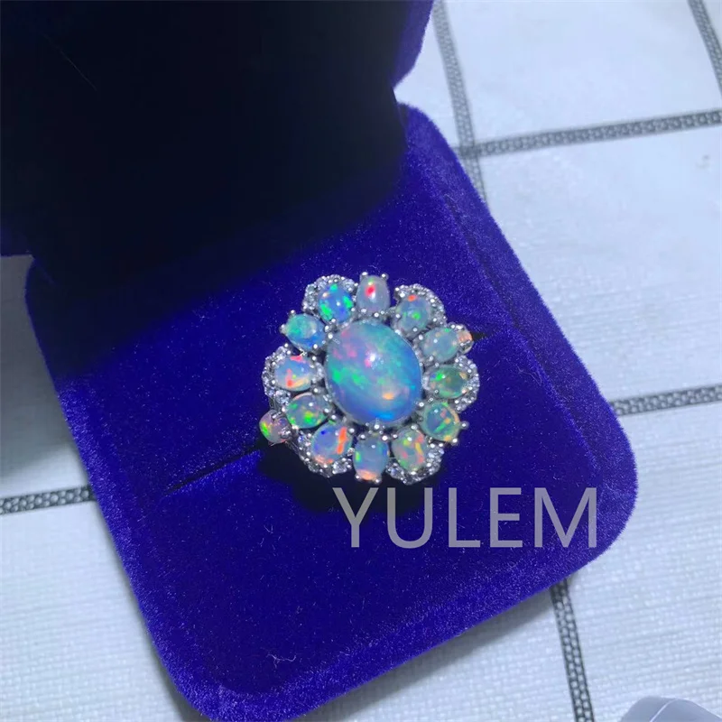 YULEM NEW Arrival Flower Design with 8x10mm Opal and 3x4mm Opal Beautiful Design for Girl Natural Opal Ring