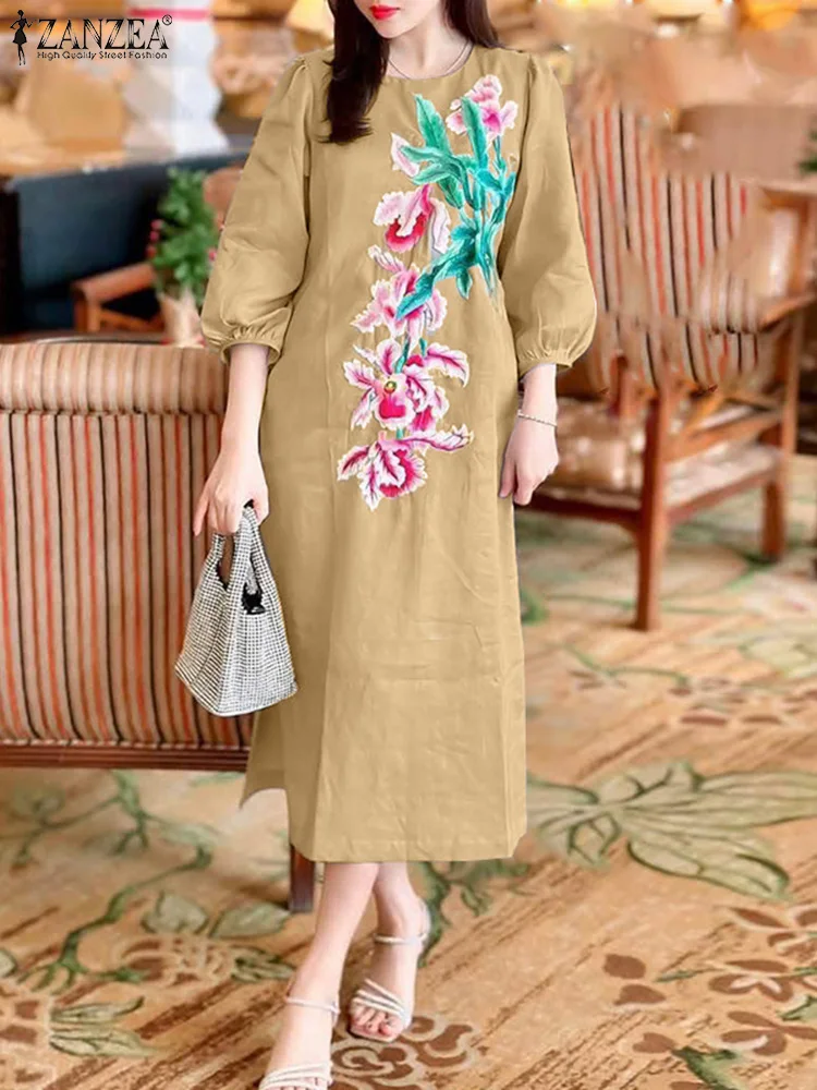 Elegant Women Dresses 2025 ZANZEA Summer Sundress Fashion O Neck 3/4 Sleeve Work Vestidos Bohemain Printed Holiday Midi Dresses