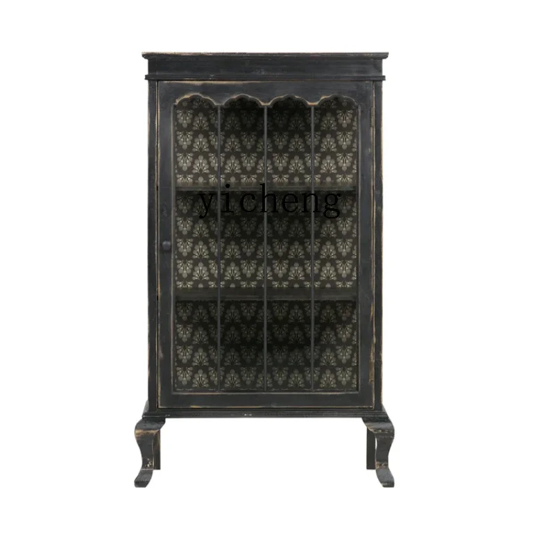 

ZK black wooden retro dining side cabinet, living room storage entrance display locker, glass decorative wine cabinet