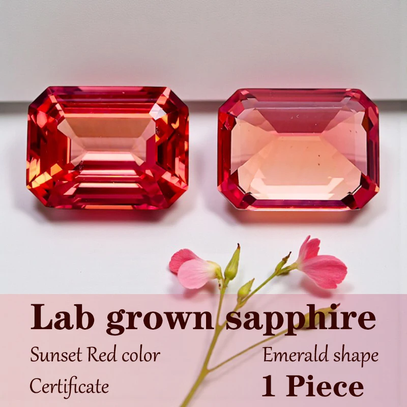 

Emerald Cut Sunset Red Color Lab Grown Sapphire Factory Wholesale Price for DIY Charms for Jewelry Making with Certificate
