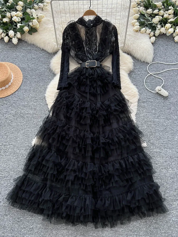 우아한 오버사이즈 비즈 자수 메쉬 퍼프 드레스 여성 슬림 하이웨이스트 롱 스커트 한국 스타일 출퇴근 패션