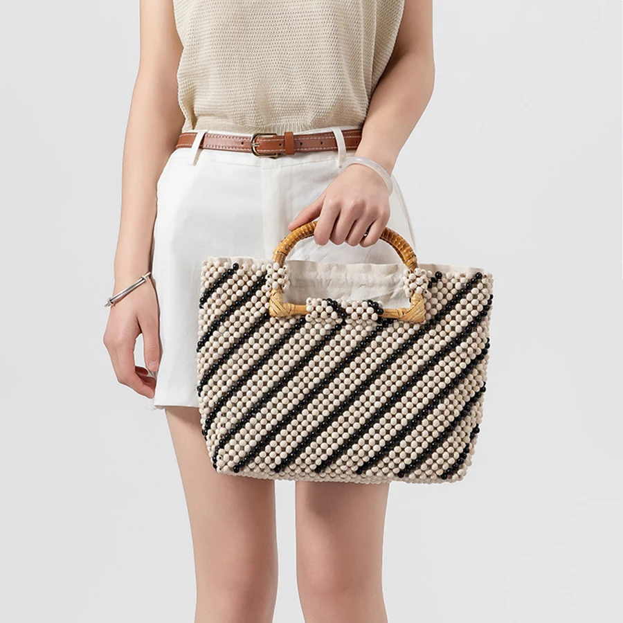 Summer Casual Women Beach Bamboo Handle Handbag Handmade Wooden Bead Bucket Bag Vintage Hollow Out Tote Bags Designer Clutch