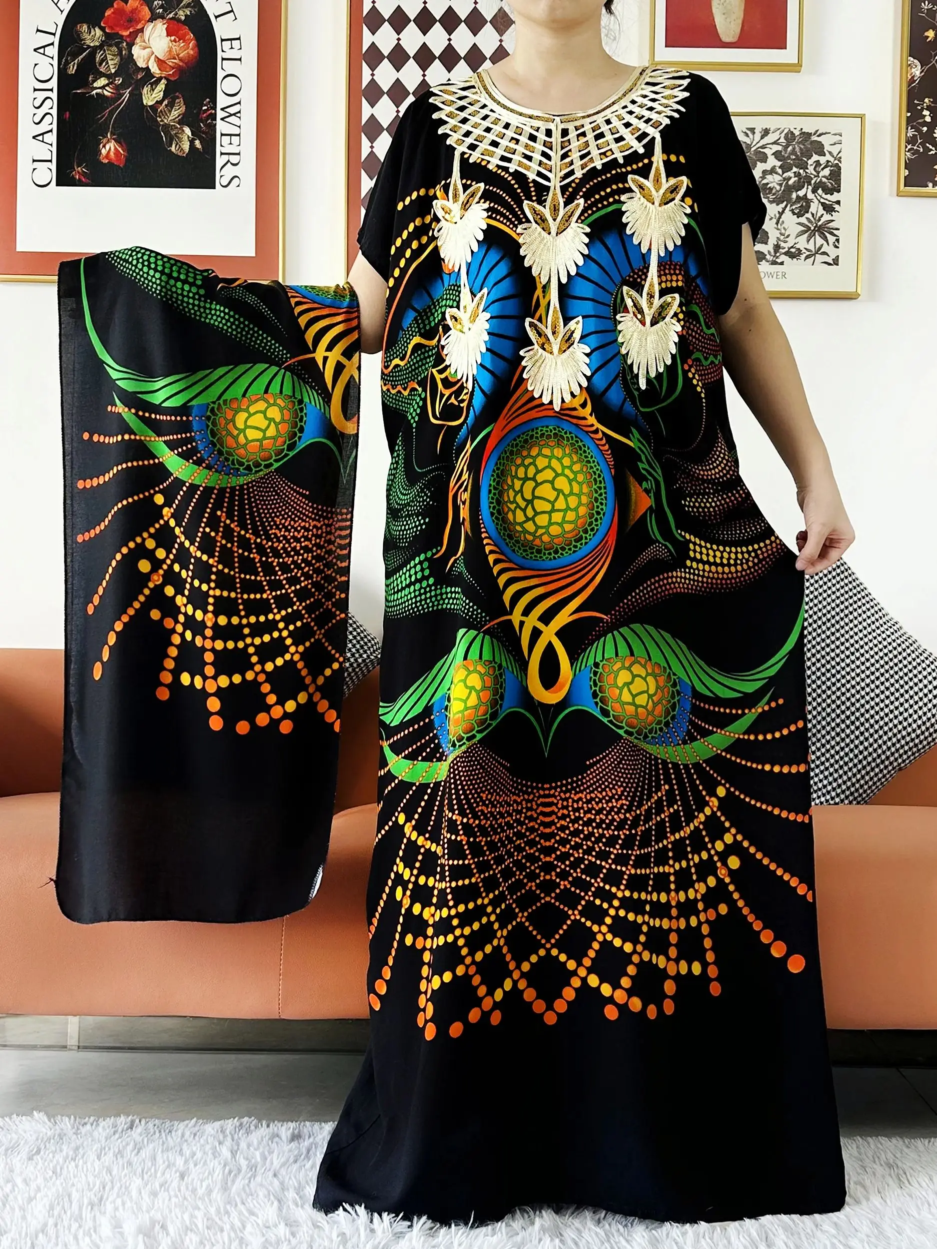 

2024 New Muslim Abaya Seqauins Embroidery African Cotton Maxi Printed Loose Floral Boubou Maxi Islam Women Short Sleeve Abaya