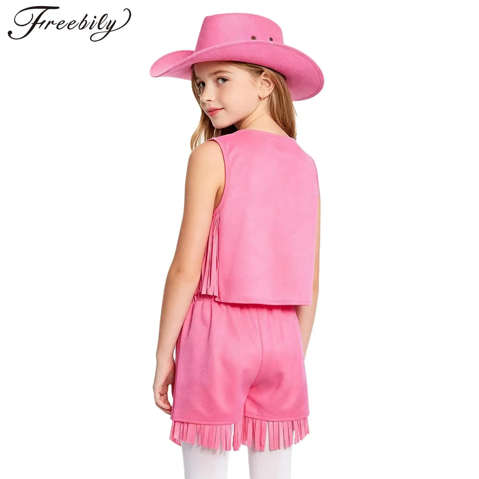 Children Western Cowgirl Cowboy Costume Sleeveless Faux Suede Fringe Vest with Shorts Hat for Halloween Masquerade Cosplay Party