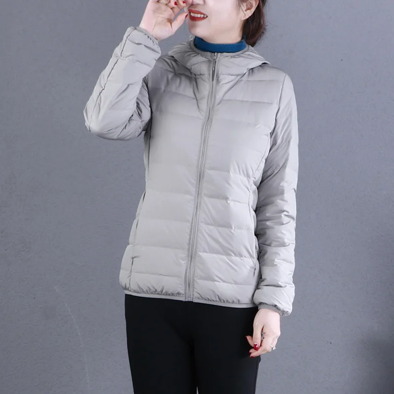 

90% White Duck Down Women's Down Jackets Autumn Winter keep warm Hooded Coats Light grey zipper Coats