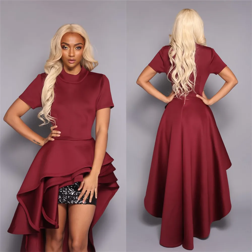Plus size Women\'s Evening Dress Irregular Ruffle Short Sleeves Skirt Solid Color Zipper Sexy Temperament Party Dresses