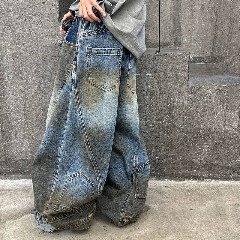 Cowboy Children\'s Pants Loose Fit Dirty washing design Wide leg Kids Jeans Pants for Girl Fashion Boys Denim Trousers Niche Wear