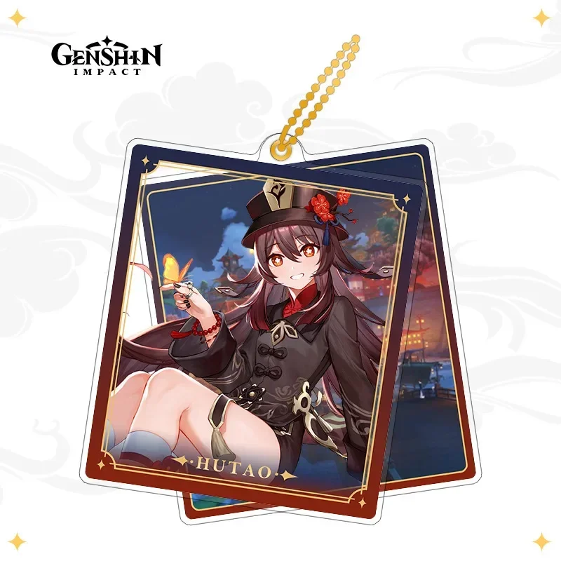 Genshin Impact Thematic AnimeSeries Biplate Transparent Card Zhongli Hutao Yae Miko Acrylic Pendant Keychain Key Ring Xmas Gift