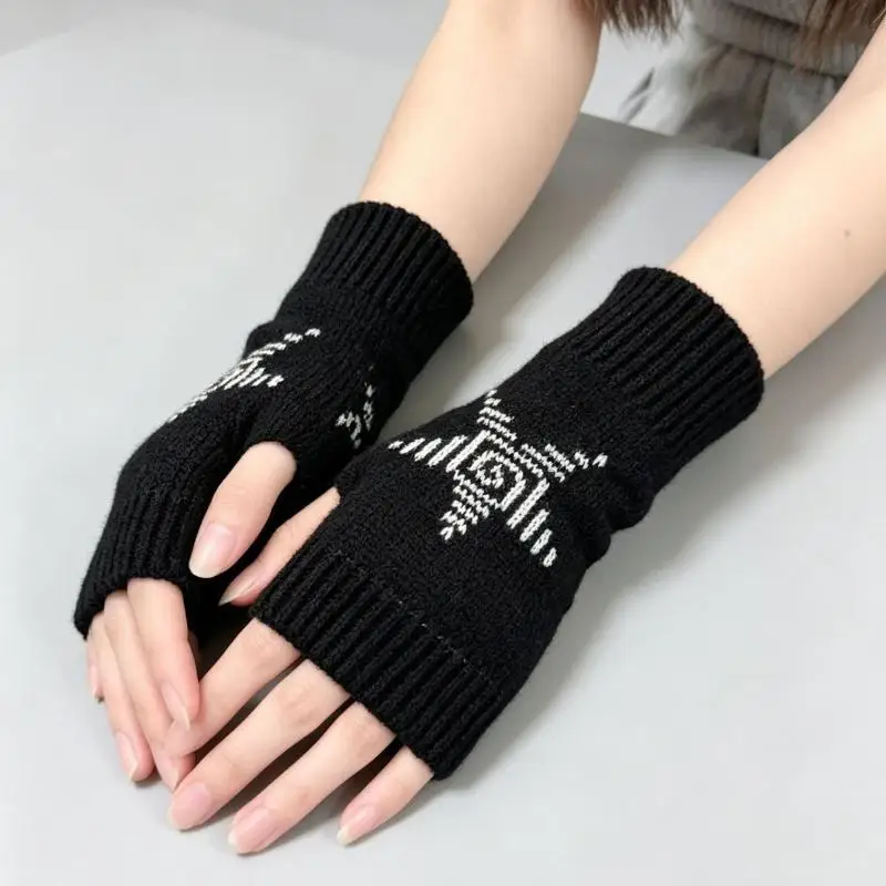 Soft Fabric Fingerless Knitted Gloves Trendy Spiral Pentagram Winter Warm Gloves for Artists Drawing Painting