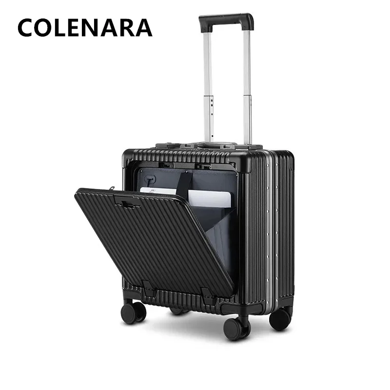 COLENARA Carry-on Luggage 18 Inch Small Boarding Box PC Aluminum Frame Trolley Case Multi-function USB Charging Suitcase