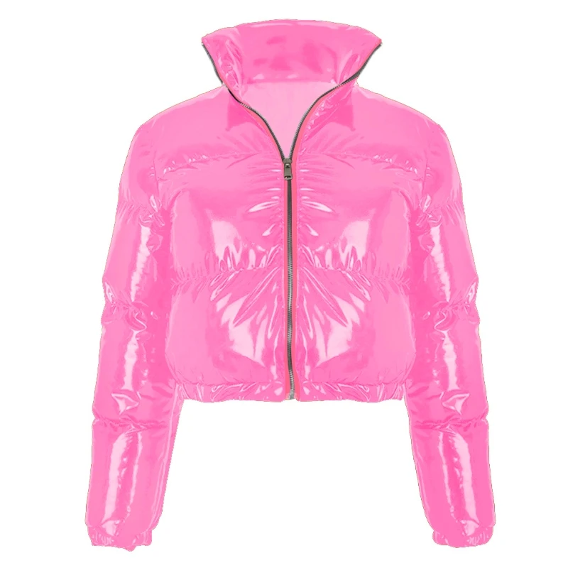 Women Winter Long Sleeve Zipper Puffer Jacket Stand Collar Shiny Metallic Faux Leather Cropped Puffy Bubble Coat Quilted Parkas