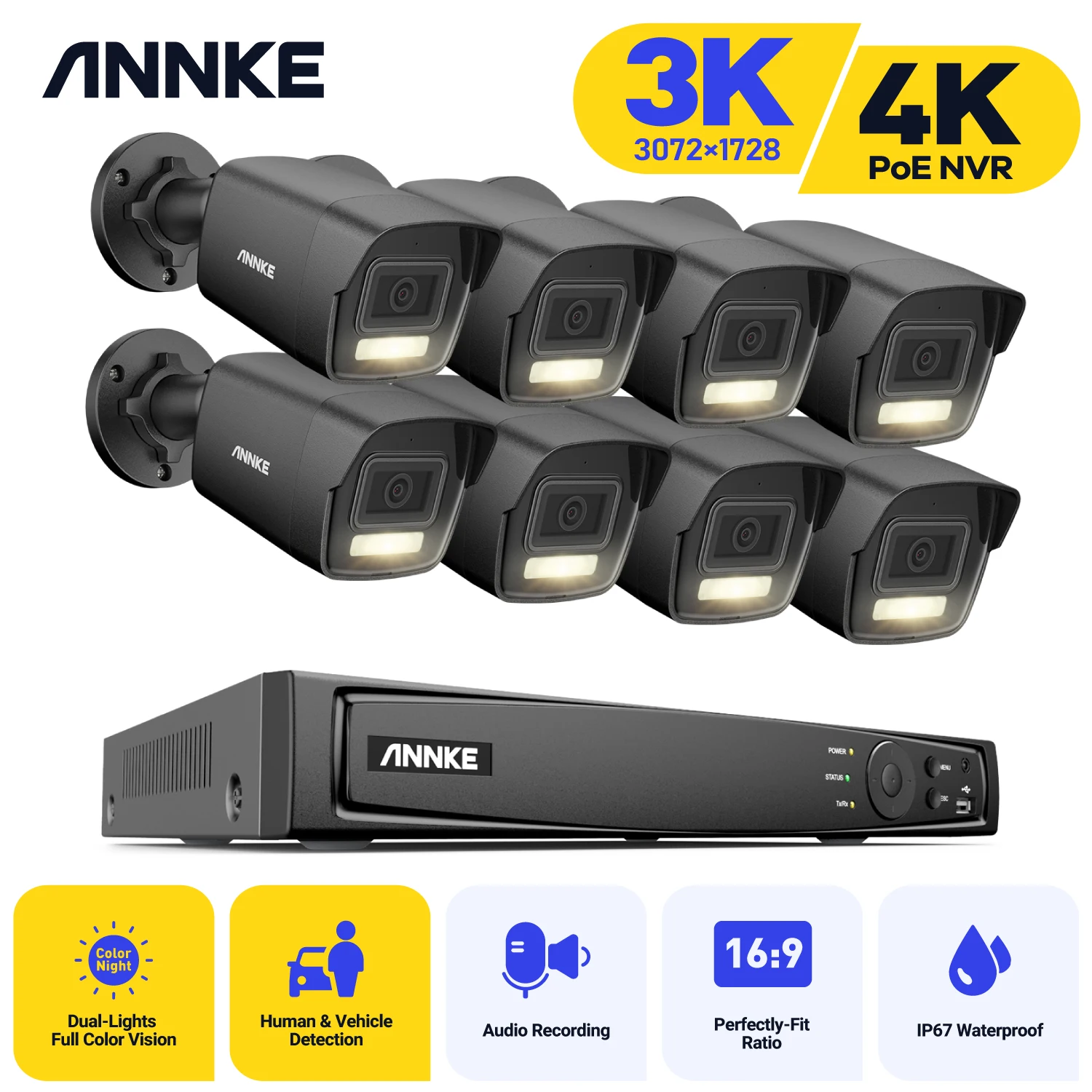 

ANNKE 3K POE Surveillance System,8CH NVR Recorder With 5MP IP67 Security Cameras CCTV Night Vision Motion Detection Built-in Mic