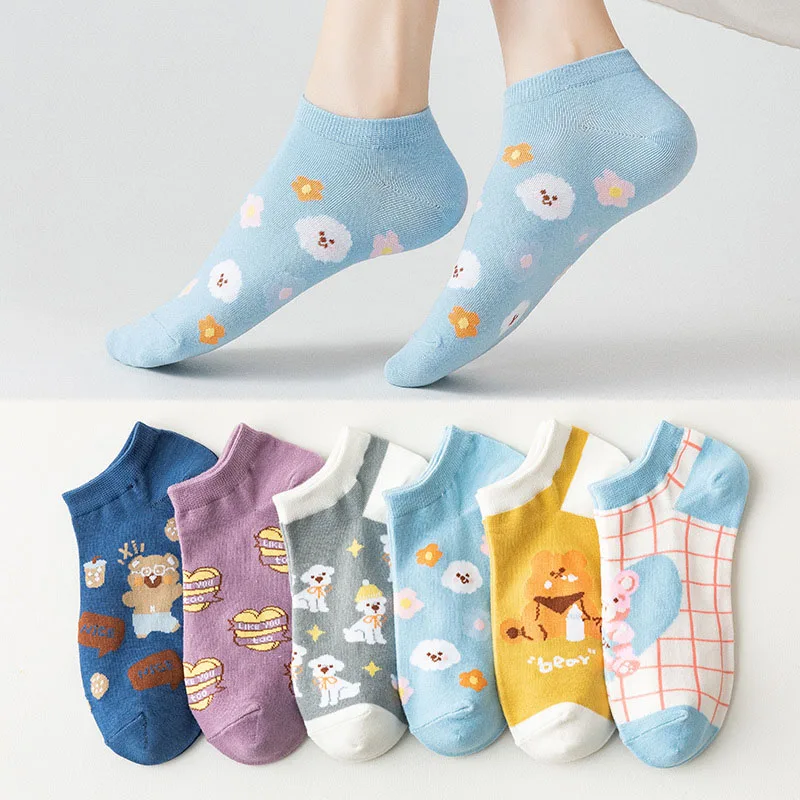 6 Pairs of High Quality Spring/Summer Short Women\'s Socks Cute Animal Striped Cotton and Ankle Breathable Kawaii Girls Socks