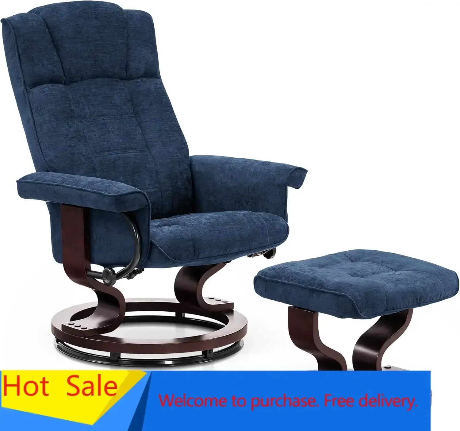 Manual Swivel Recliner with Ottoman, Chair Ottoman Set for RV Small Spaces, Living Room, Bedroom, Office 4919 (Chenille, Blue)