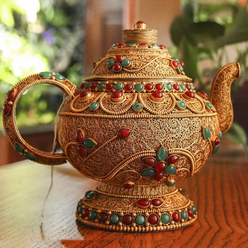 

Pure handmade water purification pot filigree inlaid gem wine pot ornament