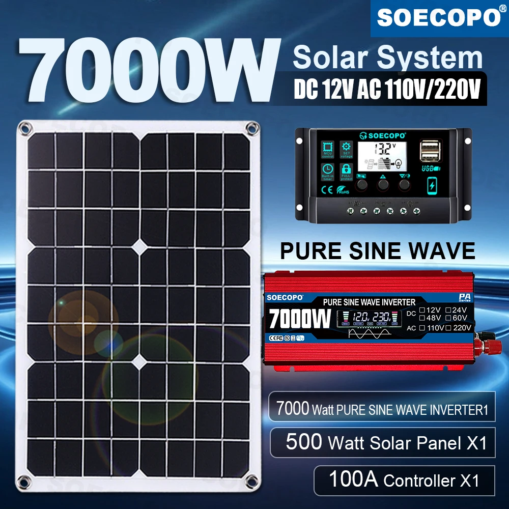 7000W Peak Solar System Kit Efficient 500W Panel 100A Controller Pure Sine Wave Inverter Generator Clean Power for Radio Use Car