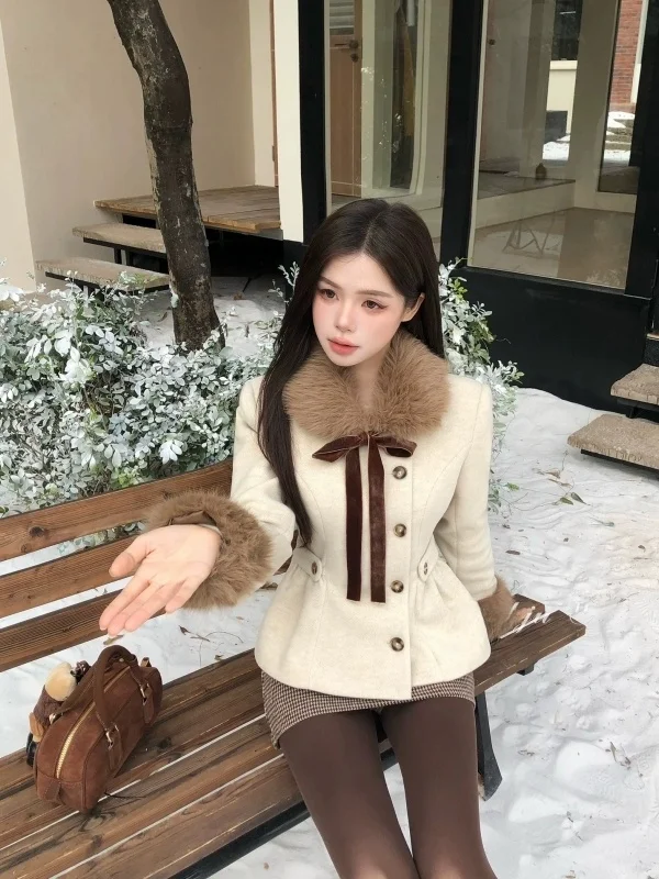 

Женский клетчатый шерстяной комплект пальто и юбки с меховым воротником, двубортный теплый винтажный осенне-зимний ансамбль Faion