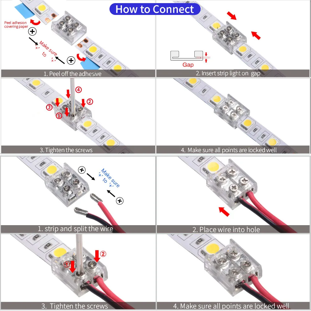 LED Strip conector com parafuso fixo, Terminal flexível, LED Strip Light, SMD COB Strip, IP20, 8mm, 10mm