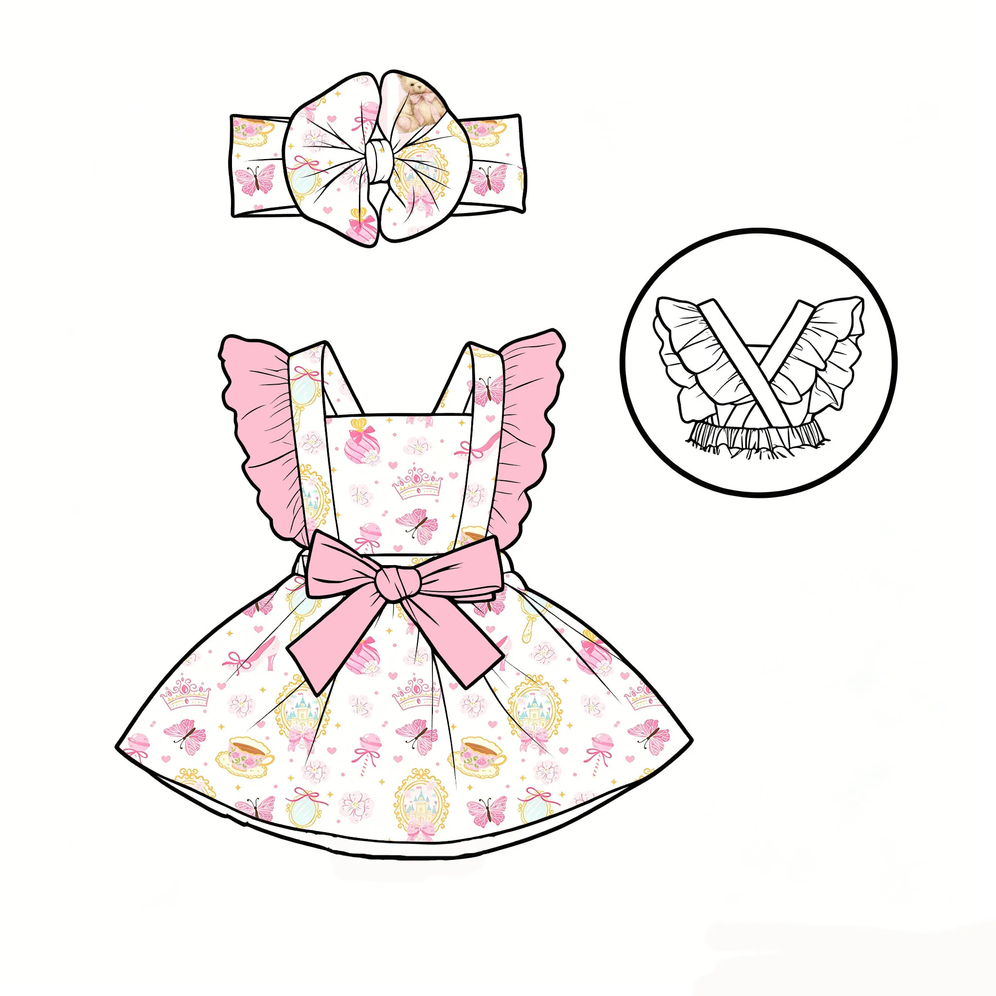 Cartoon Print Summer New Style Baby Girls Flutter Sleeves Large Bow at the waist Boutique  Dress Matching Bow Headband