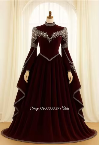 Burgundy Crystal Appliqu&eacute; Long Sleeve Ball Gown Customized Muslim Evening Gown Formal Occasion Dress Wedding Party Dress 2026