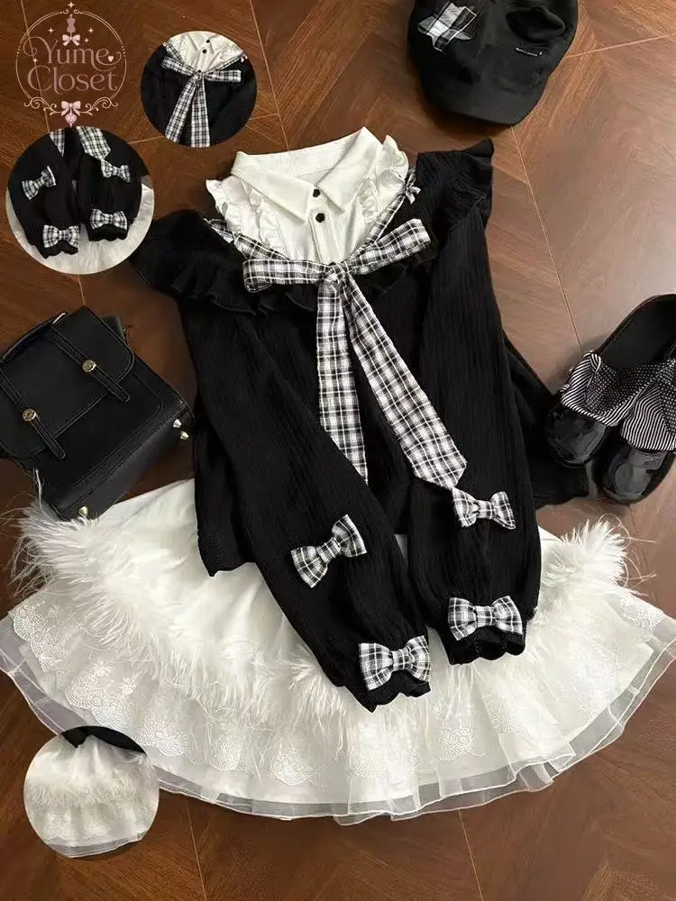 Sweet Vintage Plaid Bow 2 Piece Set Women Puff Sleeve Ruffle Trim Lace Feather Hem Crop Top Skirt Slim Fit Elegant Party Outfit