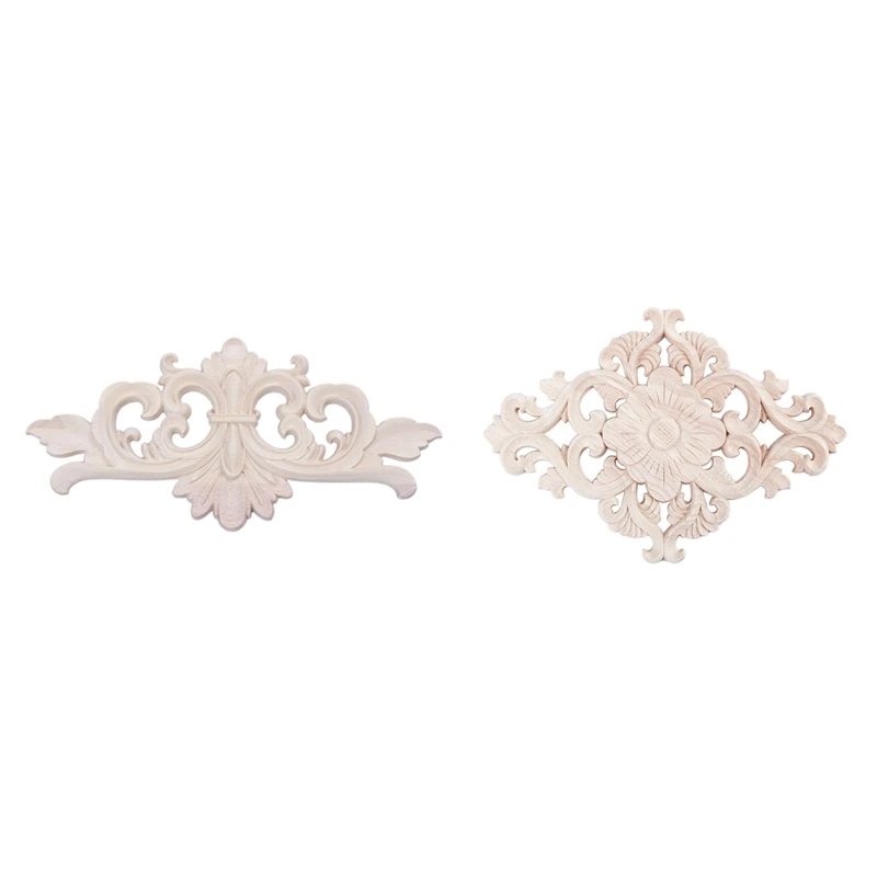 

2 Pcs Wood Carved Long Onlay Applique Unpainted Flower Walls Cabinets Door Decor, 22 X 10 Cm & 21 X 15Cm