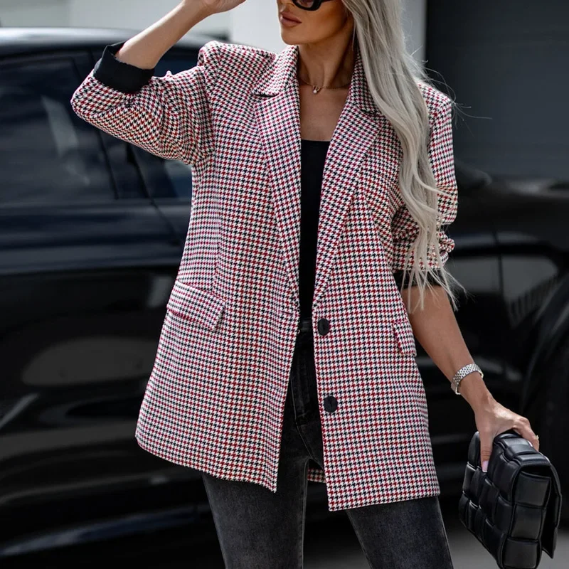 

Casual Early Long Sleeve Commute Jackets 2023 Lapel Collar Buttoned Suit Coats Office Ladies Houndstooth Plaid Print Blazer