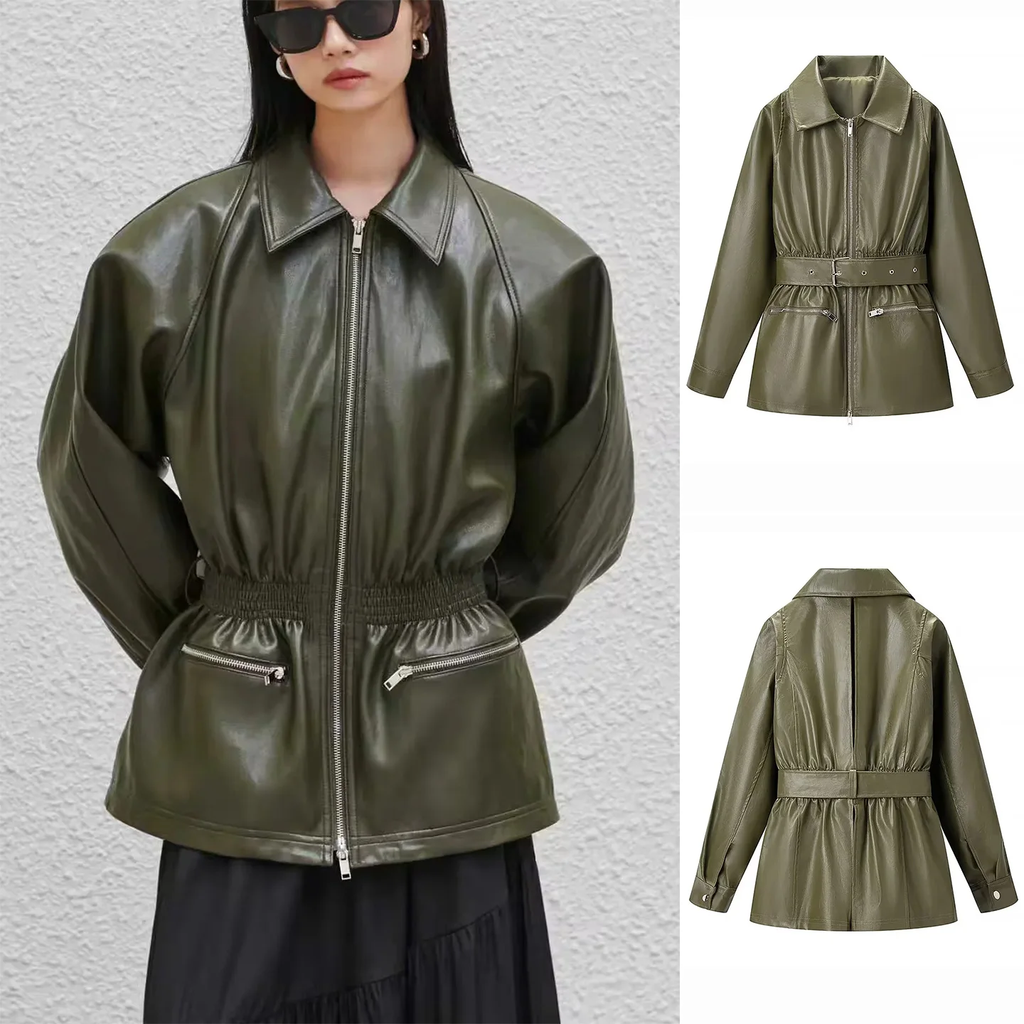 

Winter New Women's Simple Zipper Collar Long Sve PU Leather Jaet Outerwear Elastic Waist Belt Faionable Ladies Coat