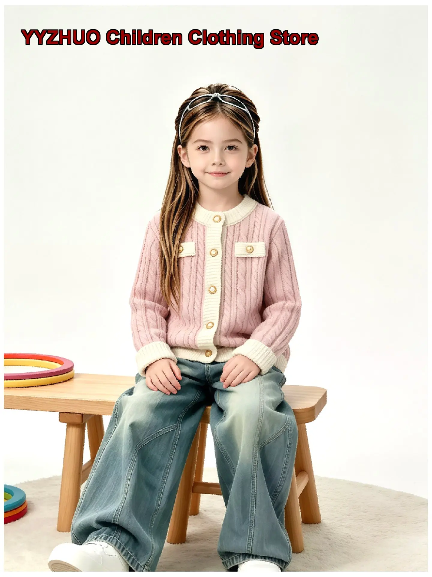 Girls Knit Cardigan Cable Twist Geometric Pattern Round Neck Long Sleeves Sweet Youthful Jacket