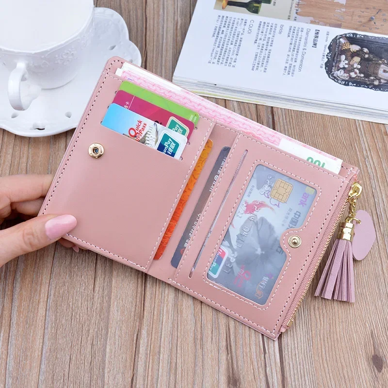 Women Wallet Patchwork Design Small Zipper Coin Purse Tassel Decoration Money Bag Simple Card Holder Contrast Color PU Leather