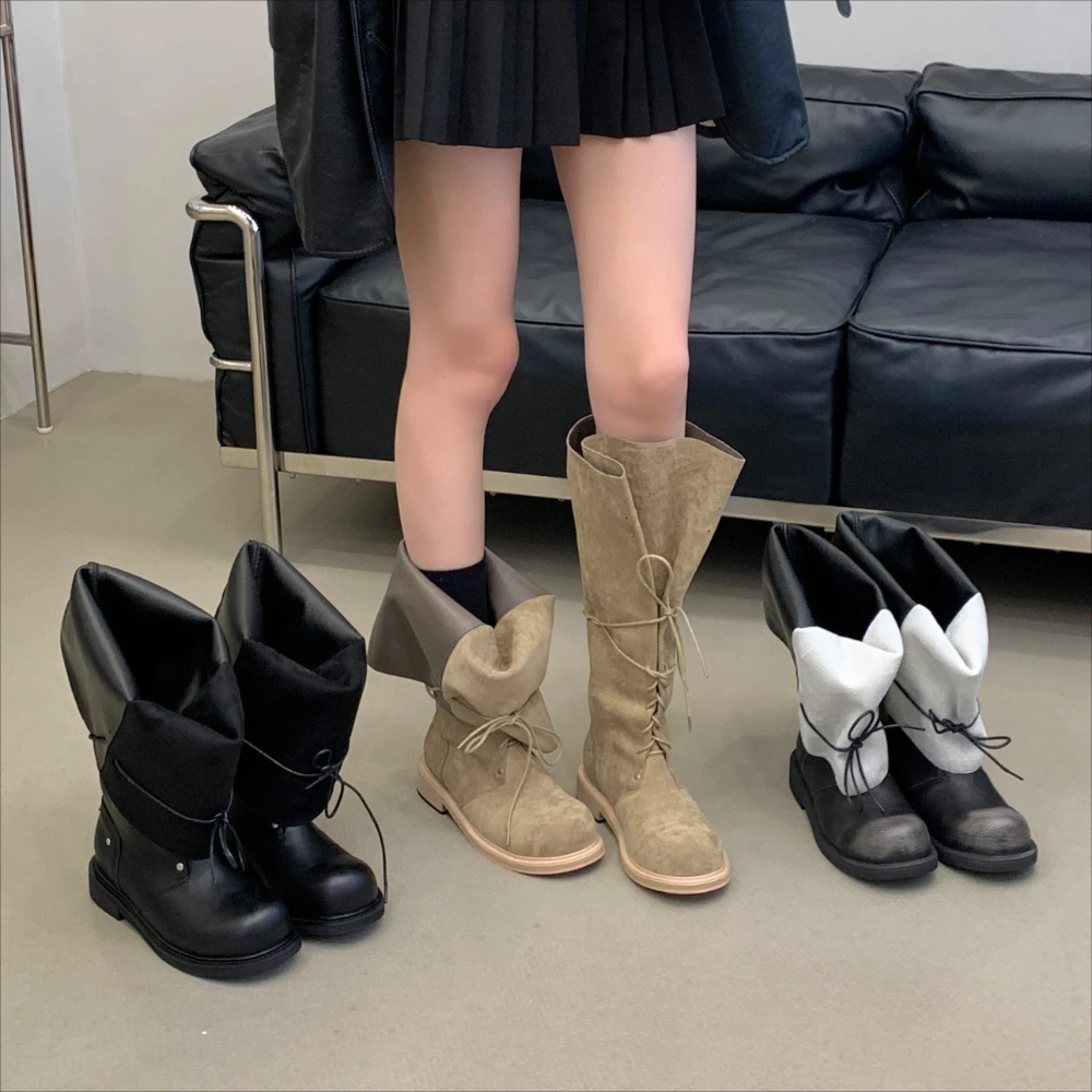 Aneikeh Autumn Winter Foldable Vintage Strap Lace Up Round Toe Knee-High Boots Women Square Heels Shoes Botines Zapatos Mujer