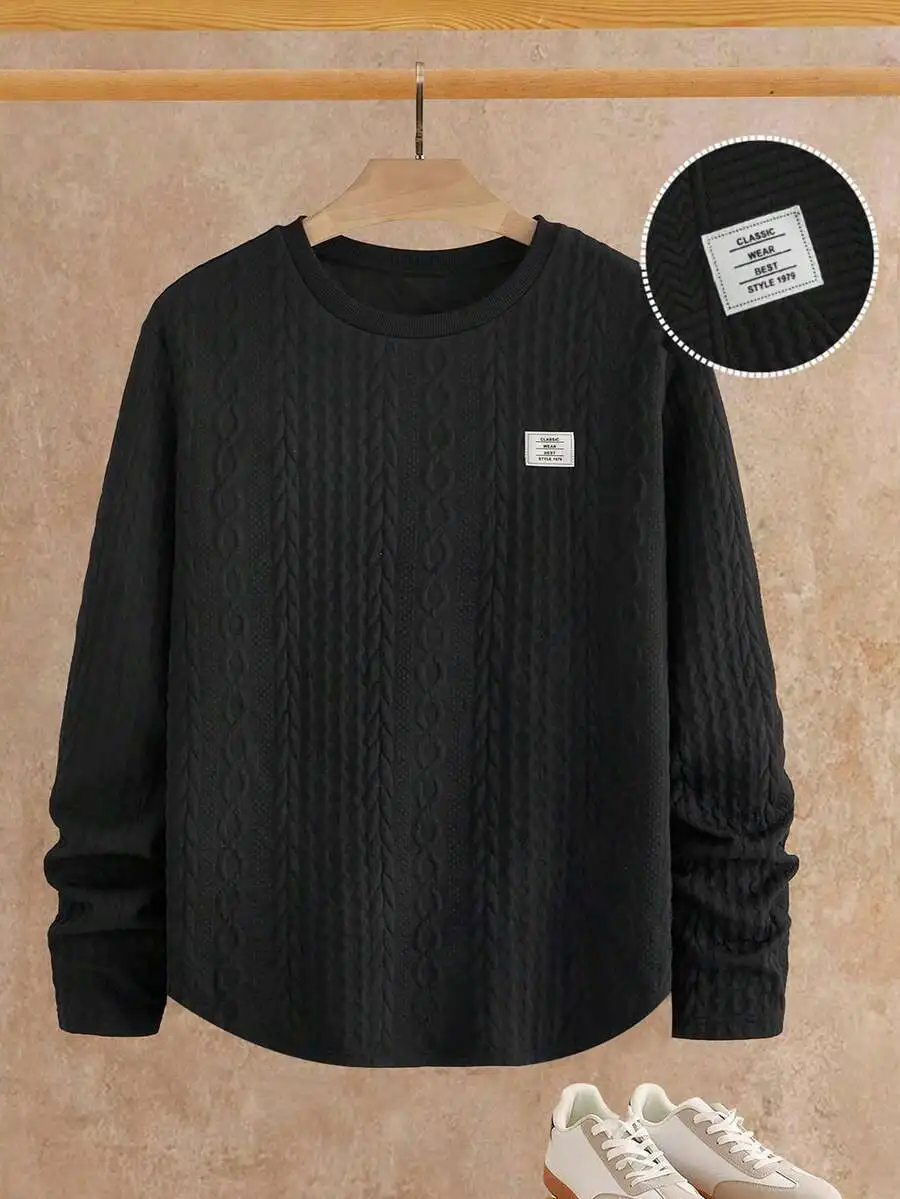 Men's Textured Cable Knit Loose Fit Crew Neck Long Sleeve Sweater