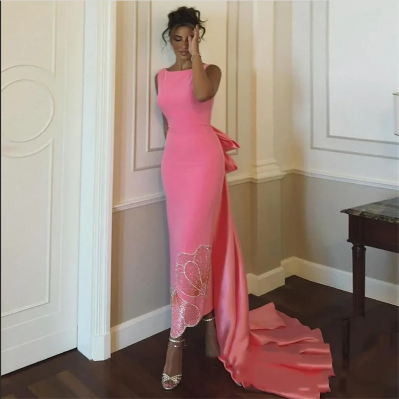 

Peach Pink Evening Dress Customized Scoop Sleeveless Sequined Butterfly Ankle Length Sheath Cocktail Party Gown Saudi Arab