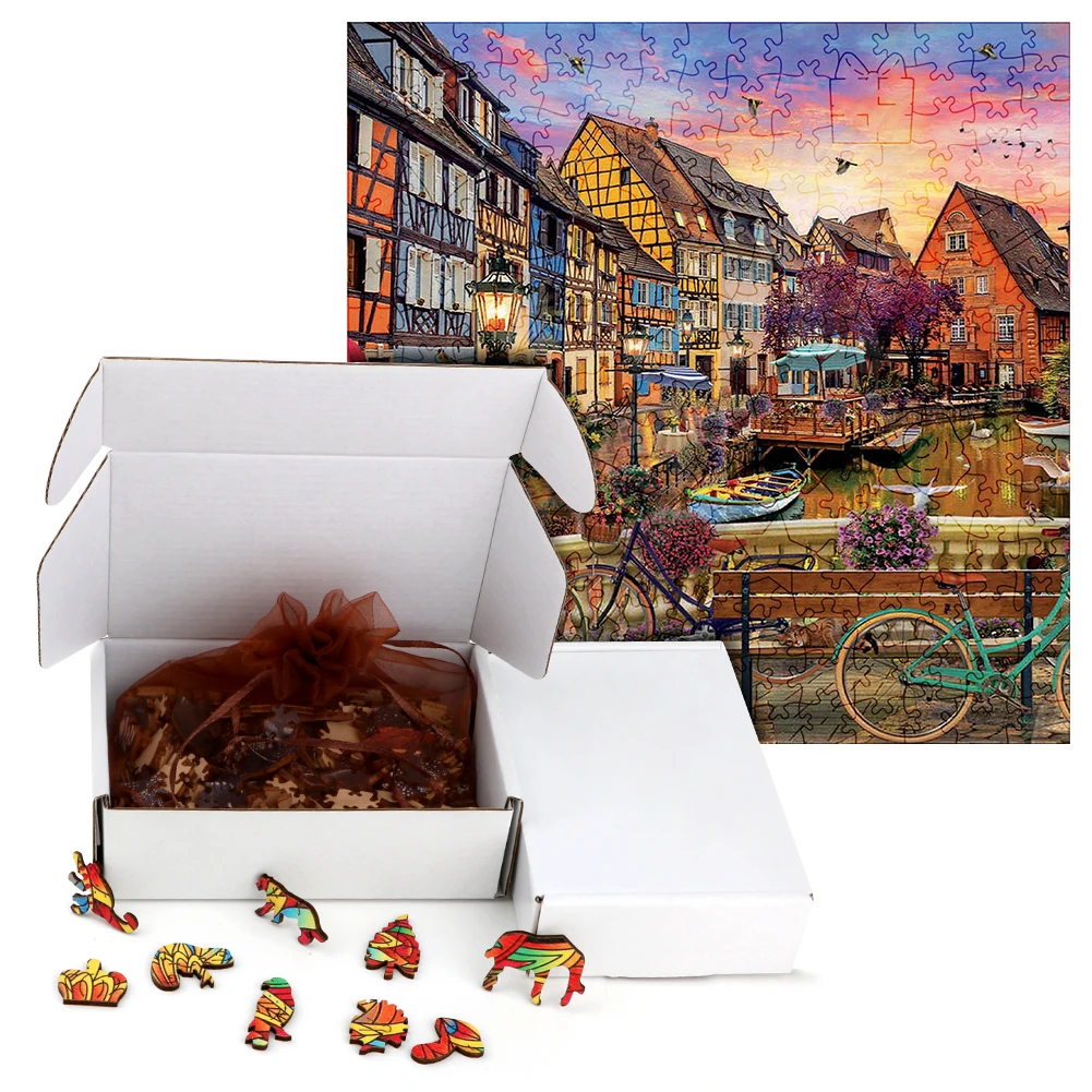 Irregular Wooden Jigsaw Puzzle para crianças, requintado cão, cidade noturna, pôr do sol, artesanato de madeira, jogo interativo familiar, presente